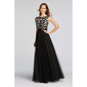 Aidan Mattox Cap Sleeve Applique Gown With Mesh Skirt - Black/White 12